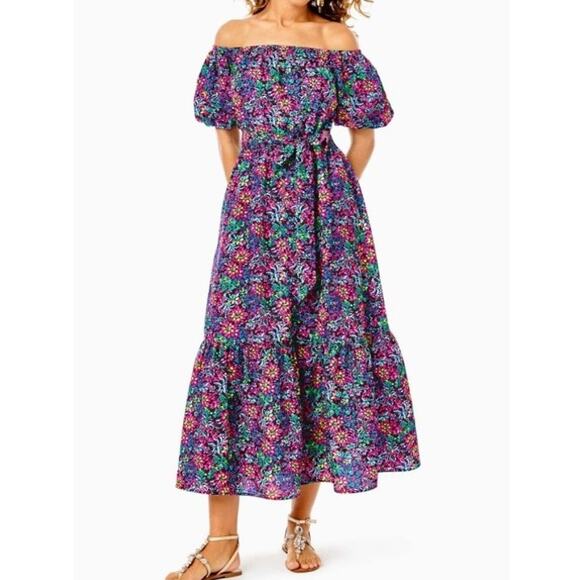Lilly Pulitzer Dresses & Skirts - Lilly Pulitzer Tamie Off The Shoulder Midi Dress In Feeling Fintastic Size XS
